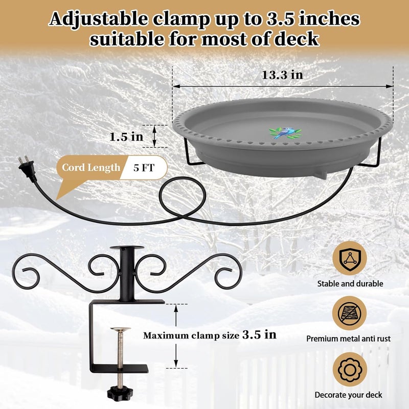 Lovppy Heated Bird Bath for Deck Railing, 100W Thermostatically Controlled Heated Bird Baths for Outdoors Bird Bath Heater, Heated Bird Bath for Outside Winter Garden Patio Yard(Gray) - Image 5